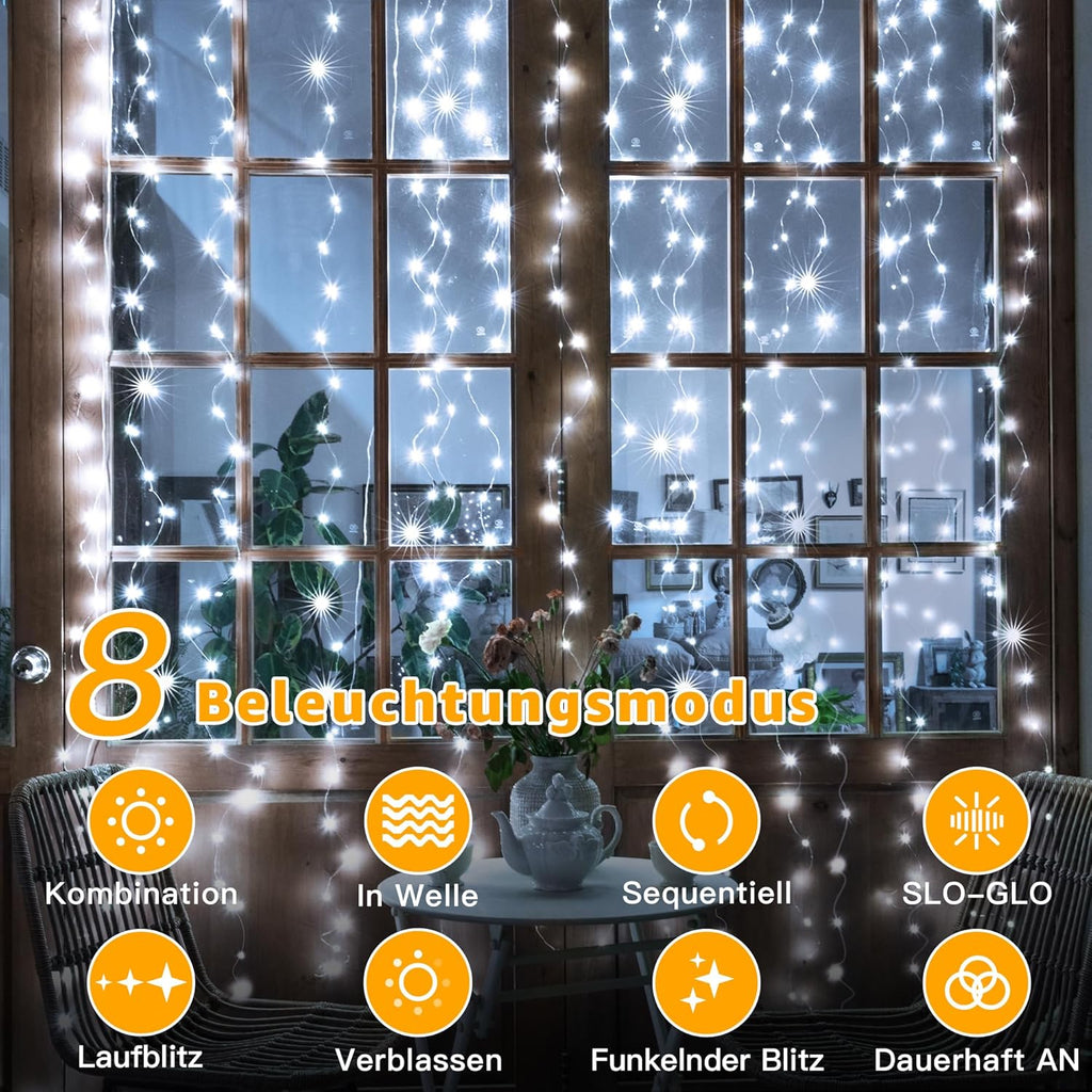 Ollny 200 LEDs 2m*2m USB Kupferdraht Vorhang Lichterkette mit Haken (Kaltweiß, IP44 wasserdicht)