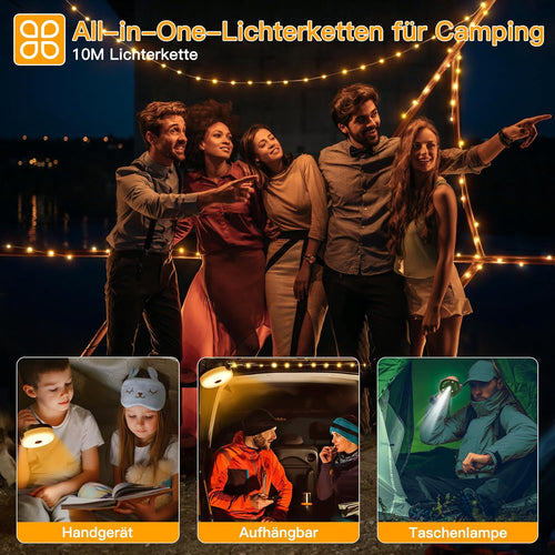 Ollny 10M Camping Lichterkette Aufrollbar Tragbare Wiederaufladbare (USB, 8 Modi, Timer Dimmbar, IP44 Wasserdichte)