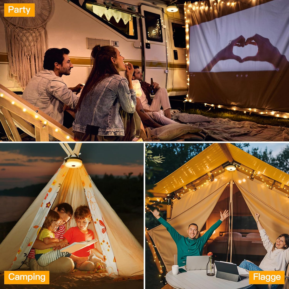 Ollny 10M Camping Lichterkette Aufrollbar Tragbare Wiederaufladbare (USB, 8 Modi, Timer Dimmbar, IP44 Wasserdichte)
