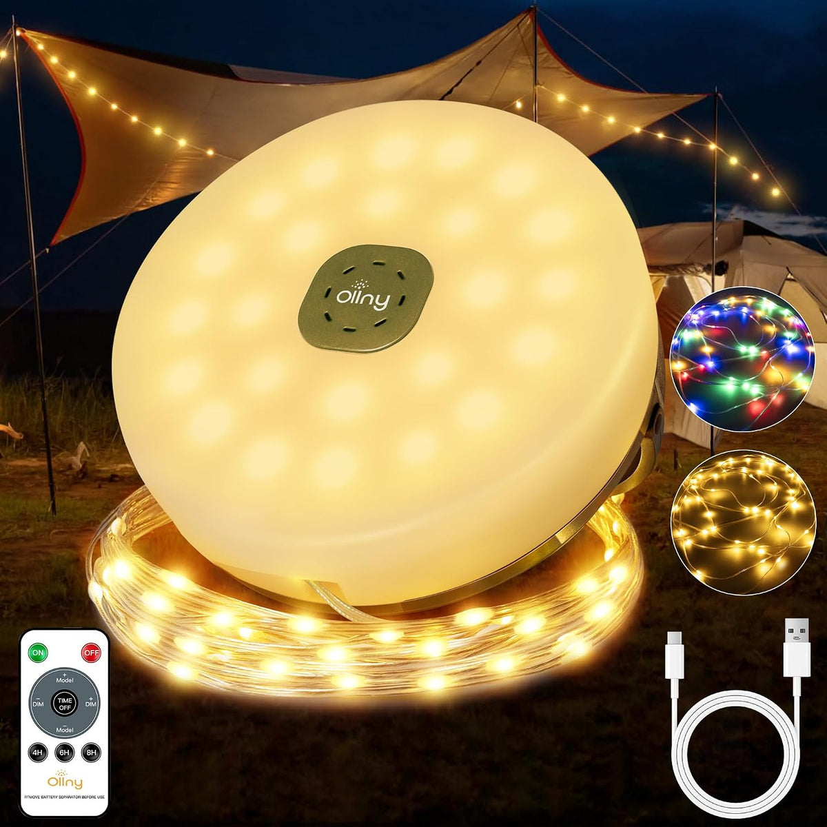 Ollny 15m Wiederaufladbare USB Camping Lichterkette Warmweiß Bunt Lichterkette