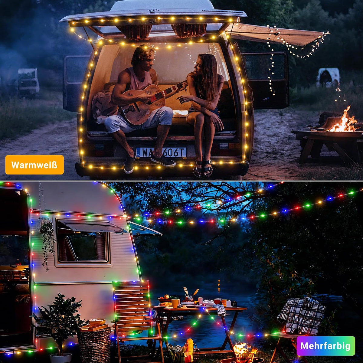 Ollny 15m Wiederaufladbare USB Camping Lichterkette Warmweiß Bunt Lichterkette