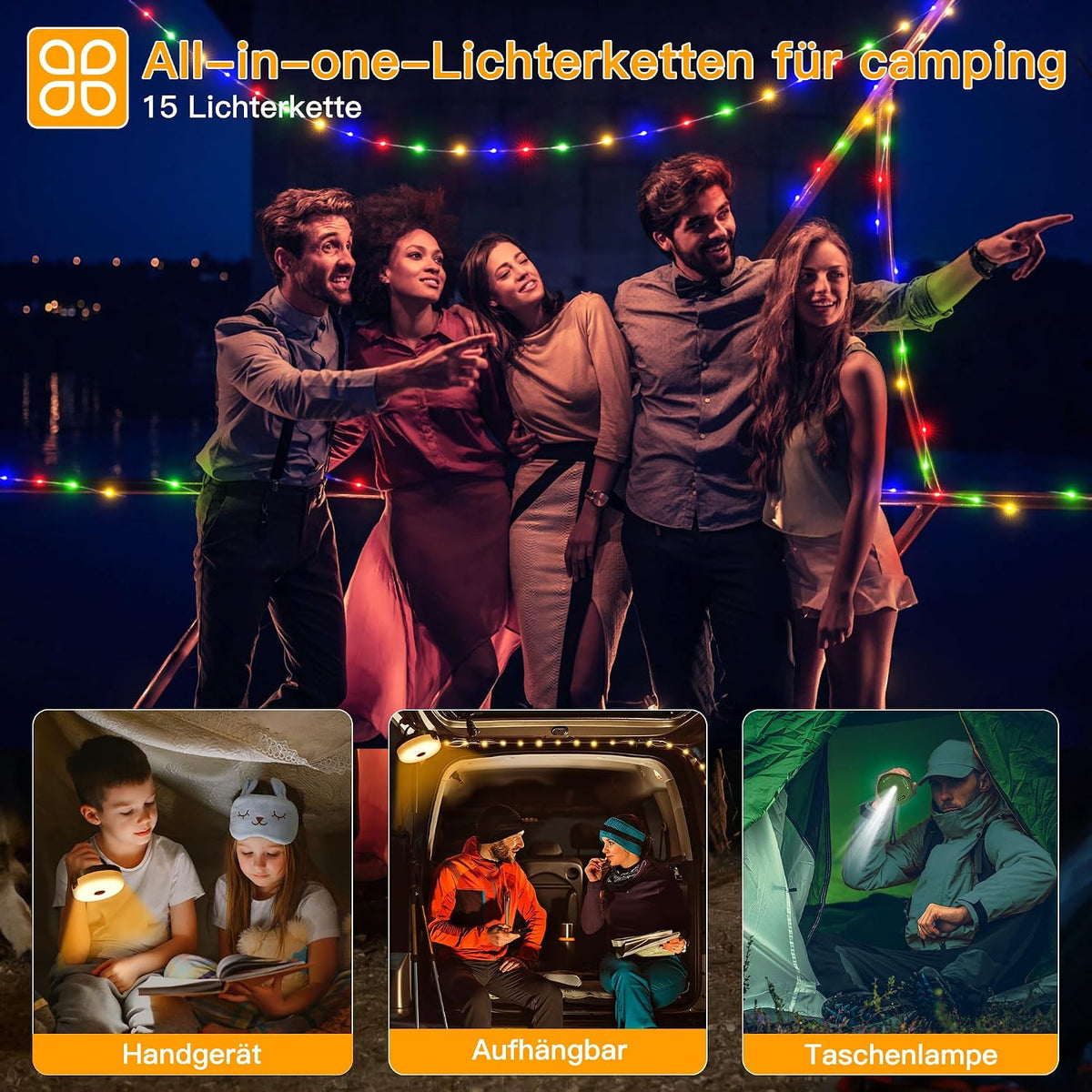Ollny 15m Wiederaufladbare USB Camping Lichterkette Warmweiß Bunt Lichterkette