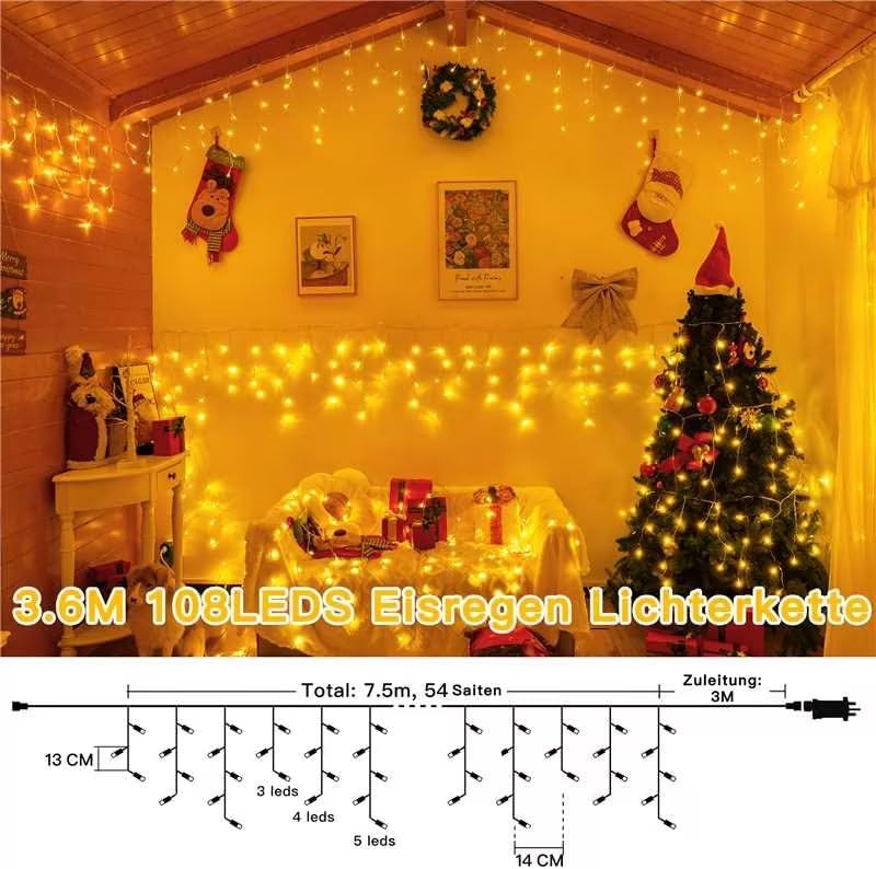 Ollny 3,6m 108 LEDs Weihnachtsbeleuchtung Eisregen Lichterkette außen (Erweiterbare, Warmweiß, 8 Modi, IP44 Wasserdichte)