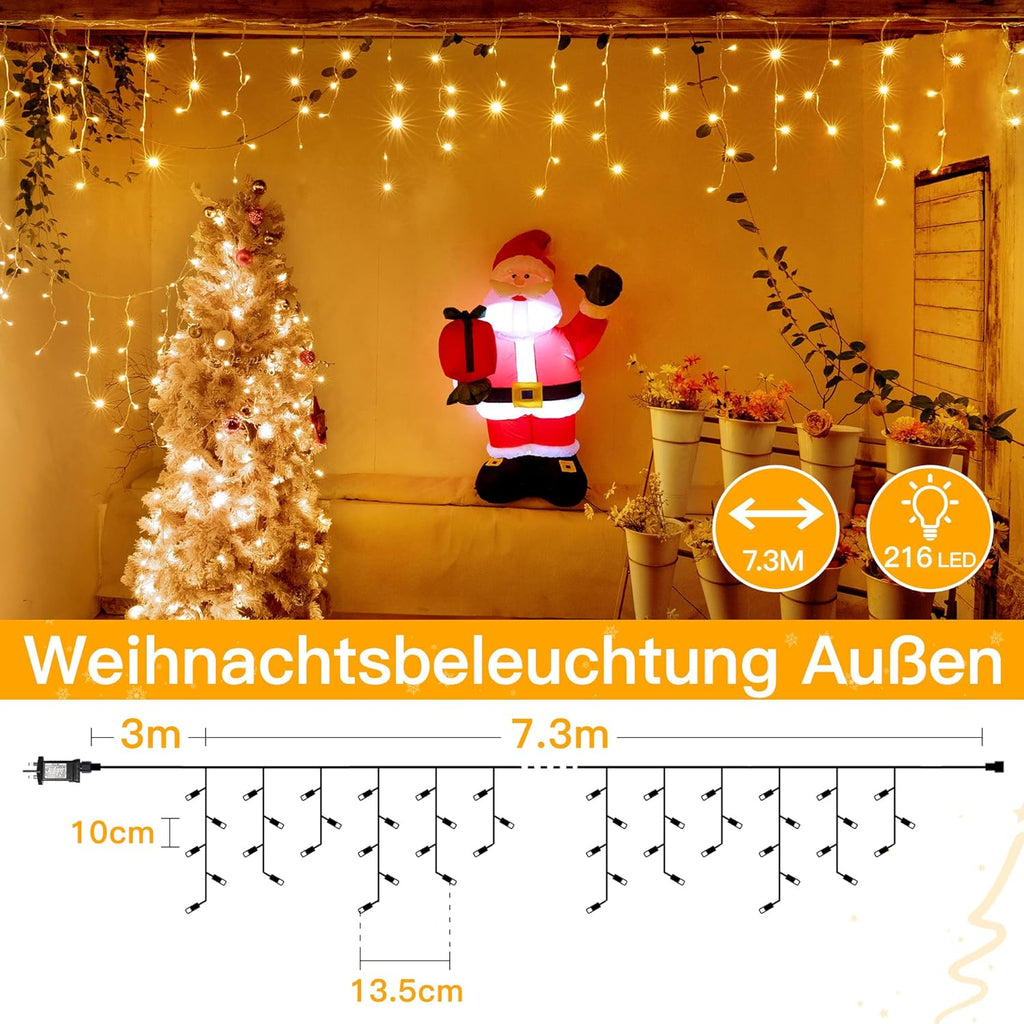 Ollny 7,3m 216 LEDs Weihnachtsbeleuchtung Eisregen Lichterkette außen mit Stecker (Warmweiß, IP45 Wasserdichte)