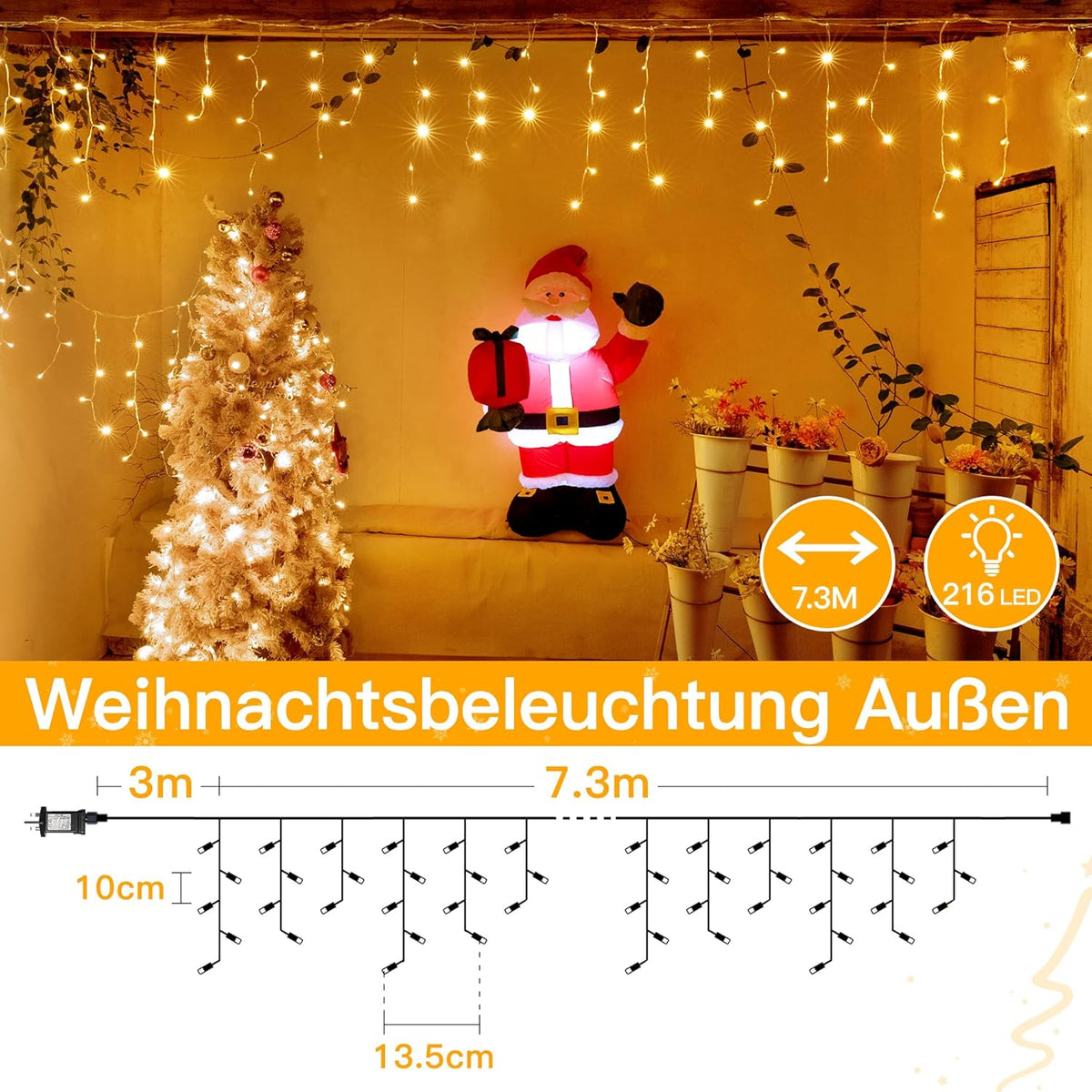 Ollny 7,3m 216 LEDs Weihnachtsbeleuchtung Eisregen Lichterkette außen mit Stecker (Warmweiß, IP45 Wasserdichte)