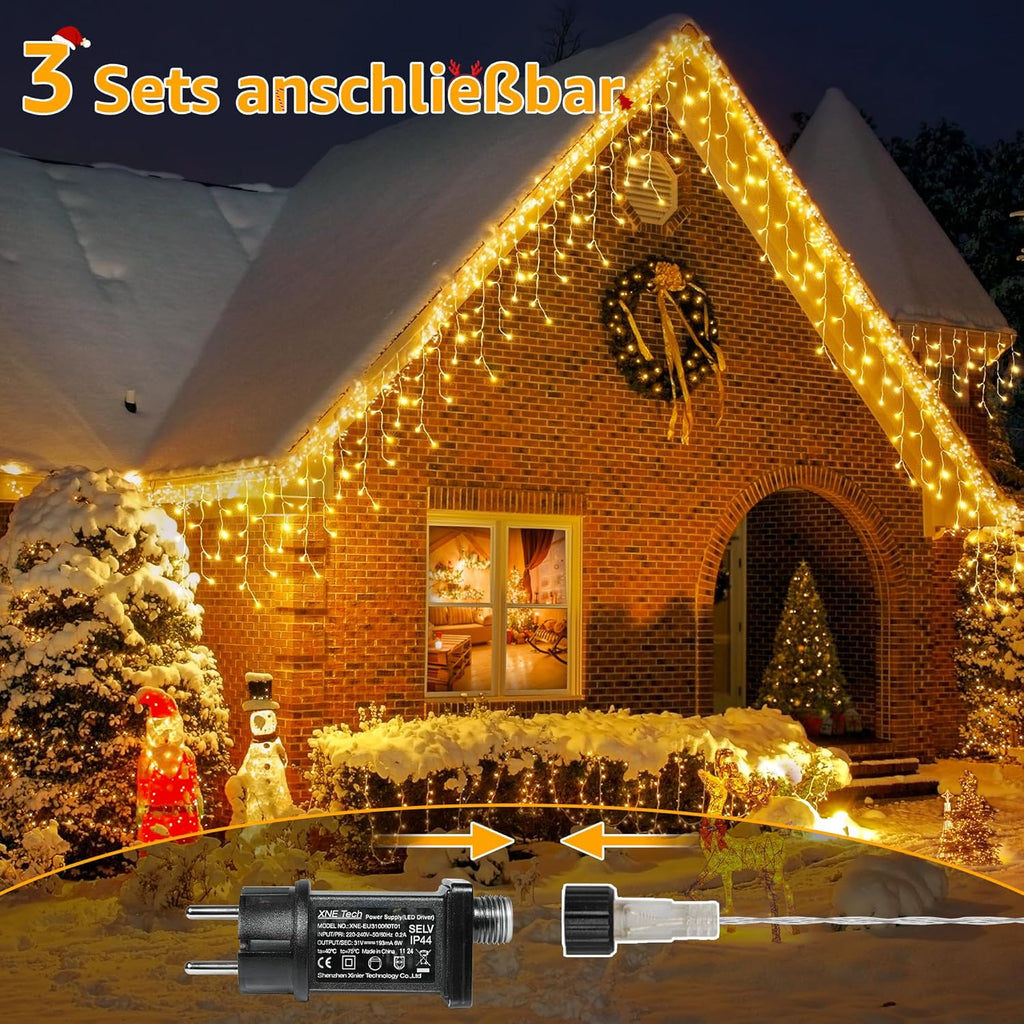 Ollny 7,3m 216 LEDs Weihnachtsbeleuchtung Eisregen Lichterkette außen mit Stecker (Warmweiß, IP45 Wasserdichte)