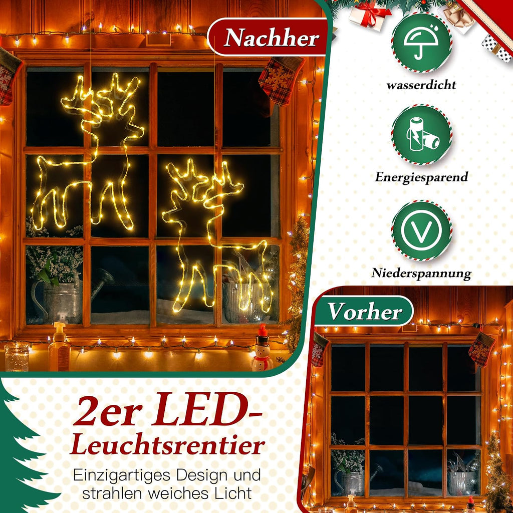 Ollny 2 Stück Weihnachten Fensterdeko Leuchtsrentier Batteriebetriebe (Warmweiß, 8 Modi, Timer, IP44 wasserdicht)