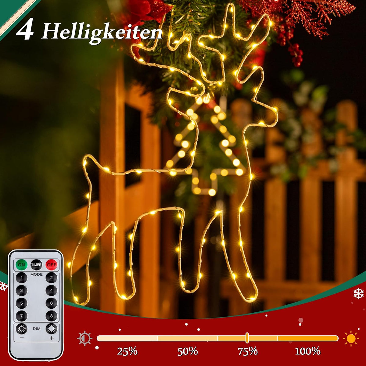 Ollny 2 Stück Weihnachten Fensterdeko Leuchtsrentier Batteriebetriebe (Warmweiß, 8 Modi, Timer, IP44 wasserdicht)
