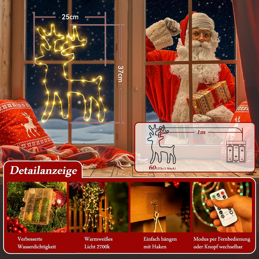 Ollny 2 Stück Weihnachten Fensterdeko Leuchtsrentier Batteriebetriebe (Warmweiß, 8 Modi, Timer, IP44 wasserdicht)