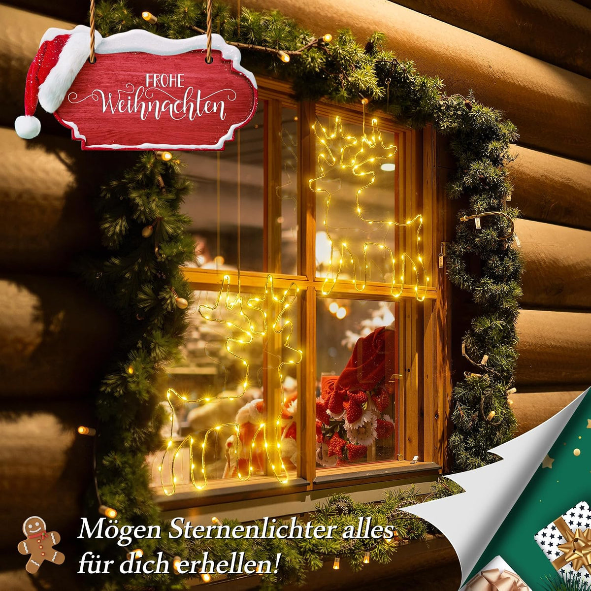 Ollny 2 Stück Weihnachten Fensterdeko Leuchtsrentier Batteriebetriebe (Warmweiß, 8 Modi, Timer, IP44 wasserdicht)