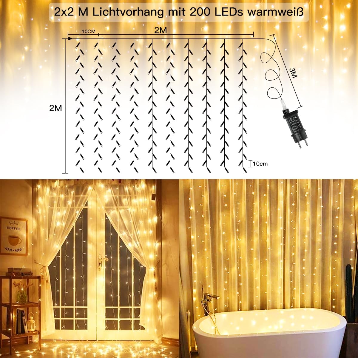 Ollny 200 LEDs 2m*2m Fernbedienung Innen Stecker (Warmweiß, 8 Modi, IP44 wasserdicht)