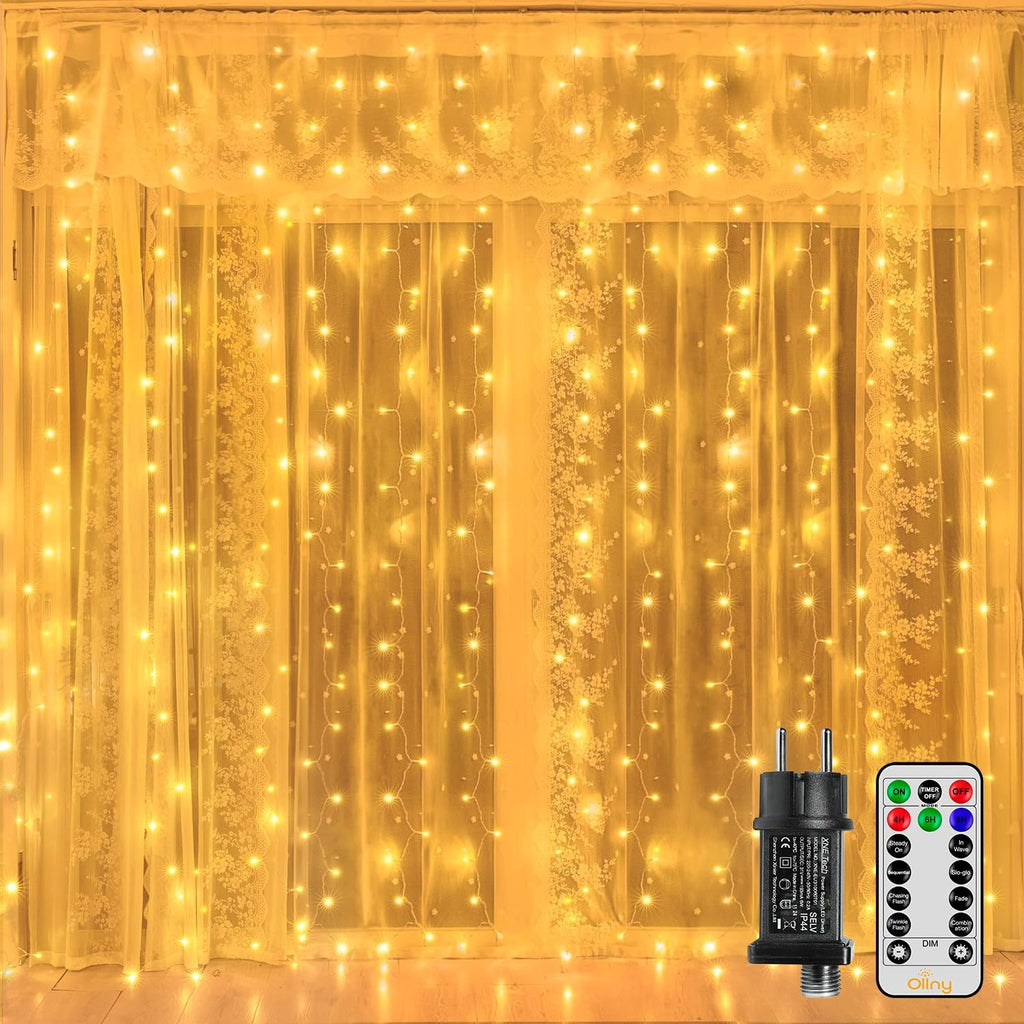 Ollny 200 LEDs 2m*2m Fernbedienung Innen Stecker (Warmweiß, 8 Modi, IP44 wasserdicht)