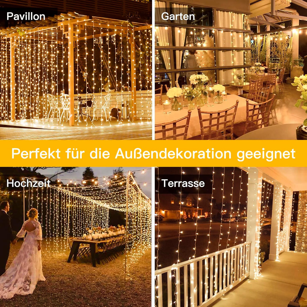 Ollny 200 LEDs 2m*2m Fernbedienung Innen Stecker (Warmweiß, 8 Modi, IP44 wasserdicht)
