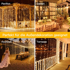 Ollny 200 LEDs 2m*2m Fernbedienung Innen Stecker (Warmweiß, 8 Modi, IP44 wasserdicht)