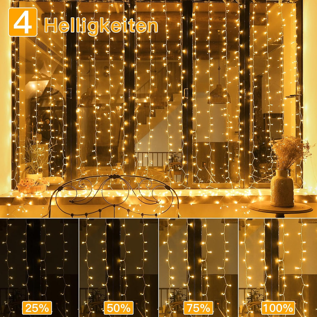 Ollny 200 LEDs 2m*2m Fernbedienung Innen Stecker (Warmweiß, 8 Modi, IP44 wasserdicht)