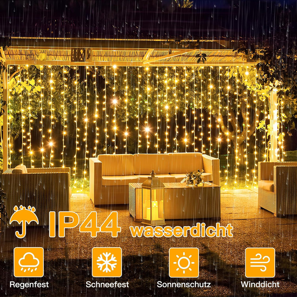 Ollny 200 LEDs 2m*2m Fernbedienung Innen Stecker (Warmweiß, 8 Modi, IP44 wasserdicht)