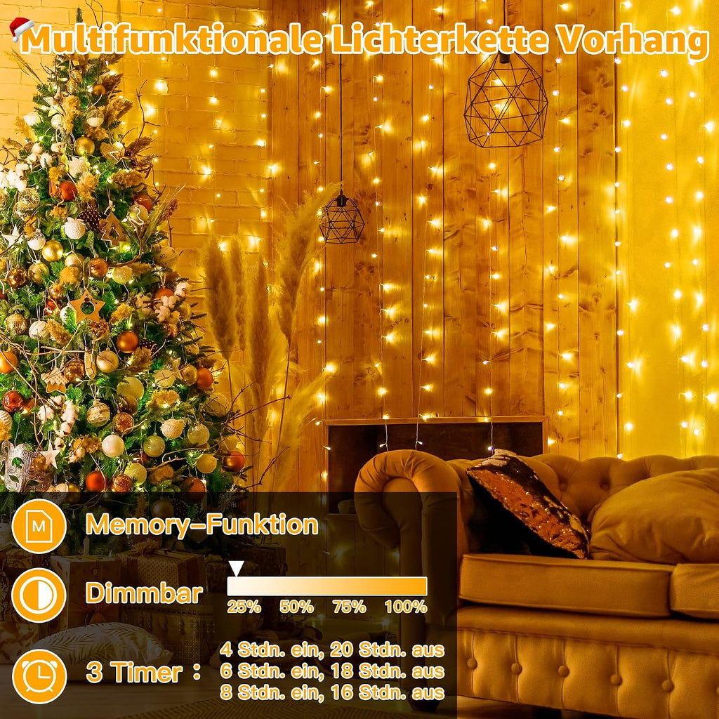 Ollny 200 LEDs 2m*2m Fernbedienung Innen Stecker (Warmweiß, 8 Modi, IP44 wasserdicht)