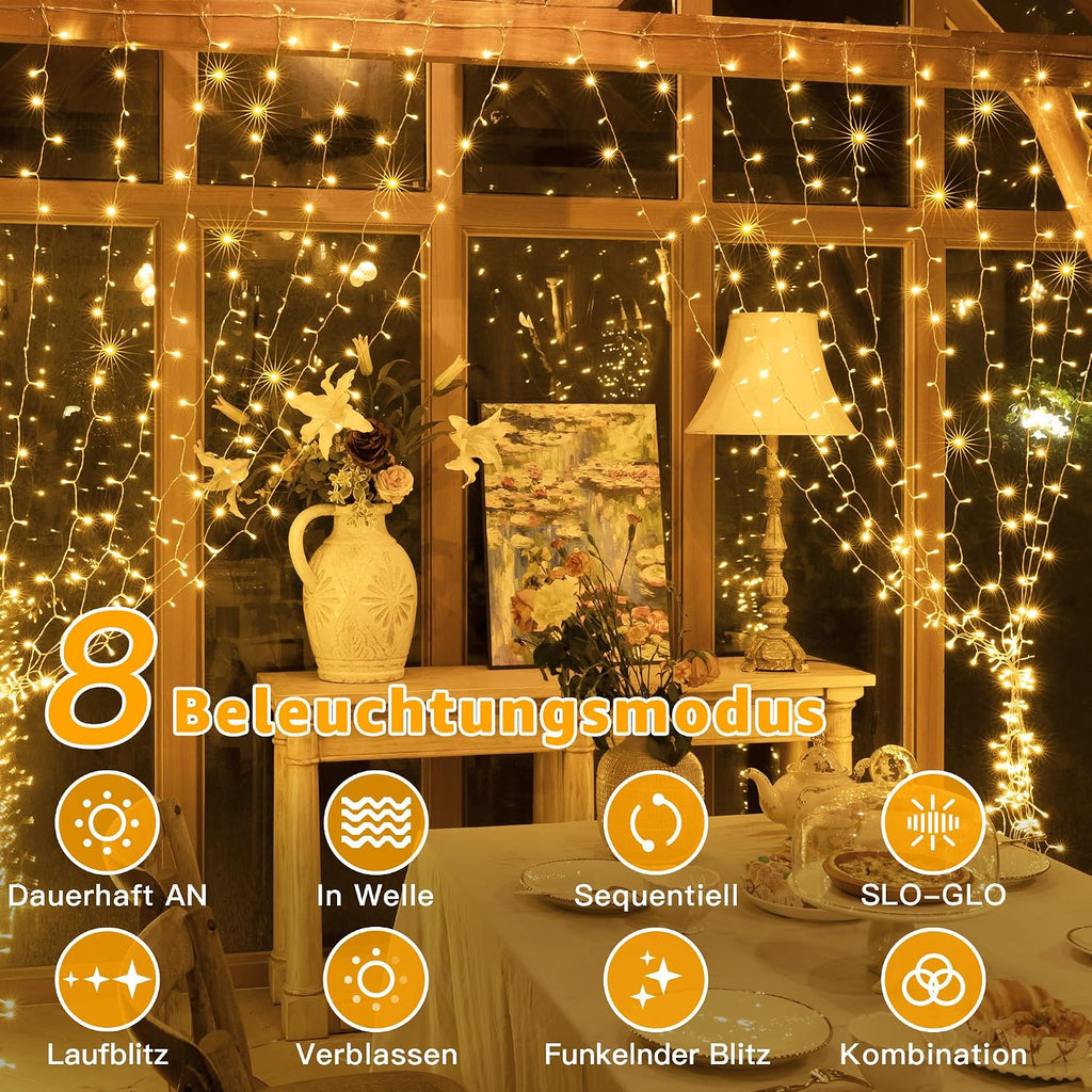Ollny 200 LEDs 2m*2m Fernbedienung Innen Stecker (Warmweiß, 8 Modi, IP44 wasserdicht)