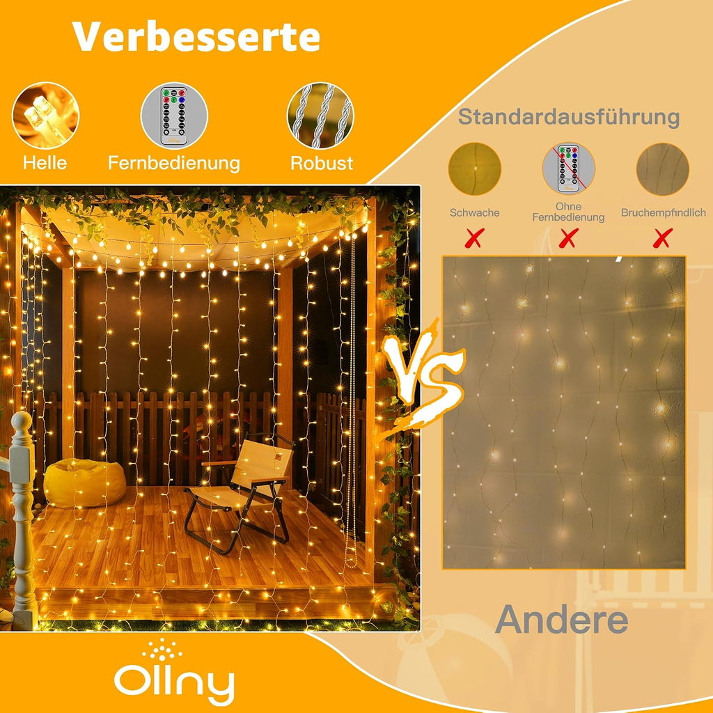 Ollny 200 LEDs 2m*2m Fernbedienung Innen Stecker (Warmweiß, 8 Modi, IP44 wasserdicht)