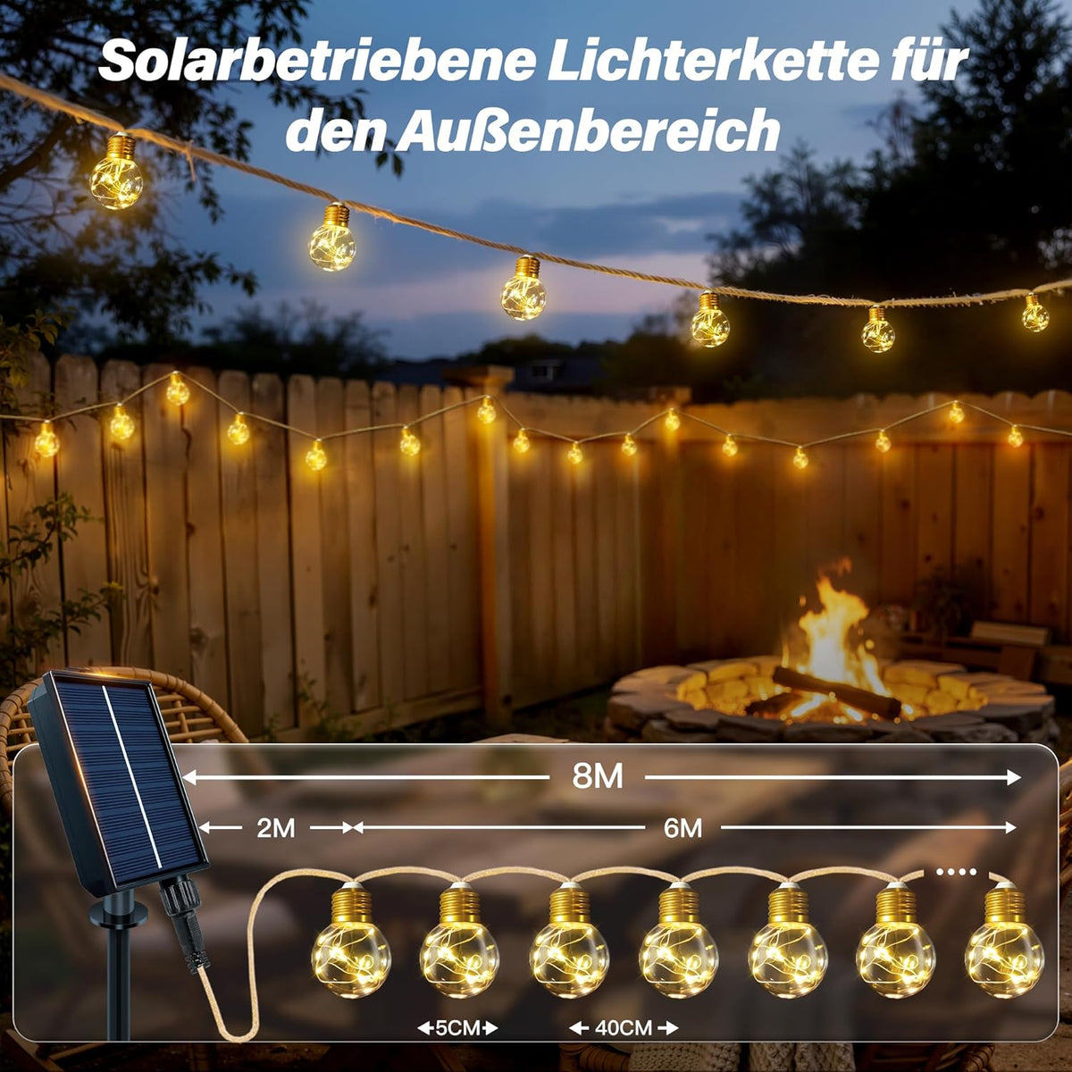 Ollny G50 Solar Lichterkette Aussen für Garten, Balkon Deko (Warmweiß, – Ollnyde