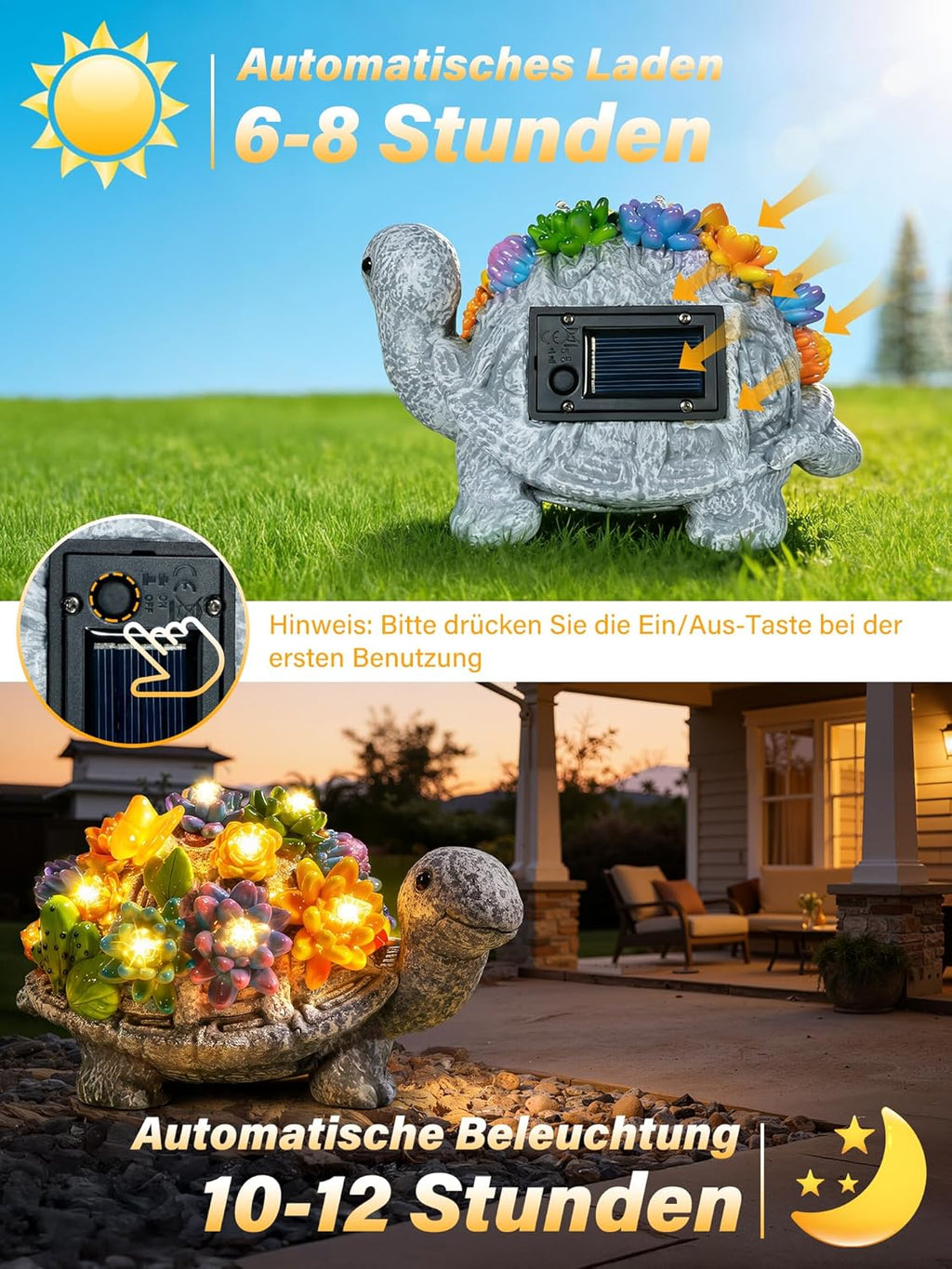 Ollny 8 LEDs Lichtern Wetterfeste Solar Gartenfigur Schildkröte für Draußen und Balkon Deko