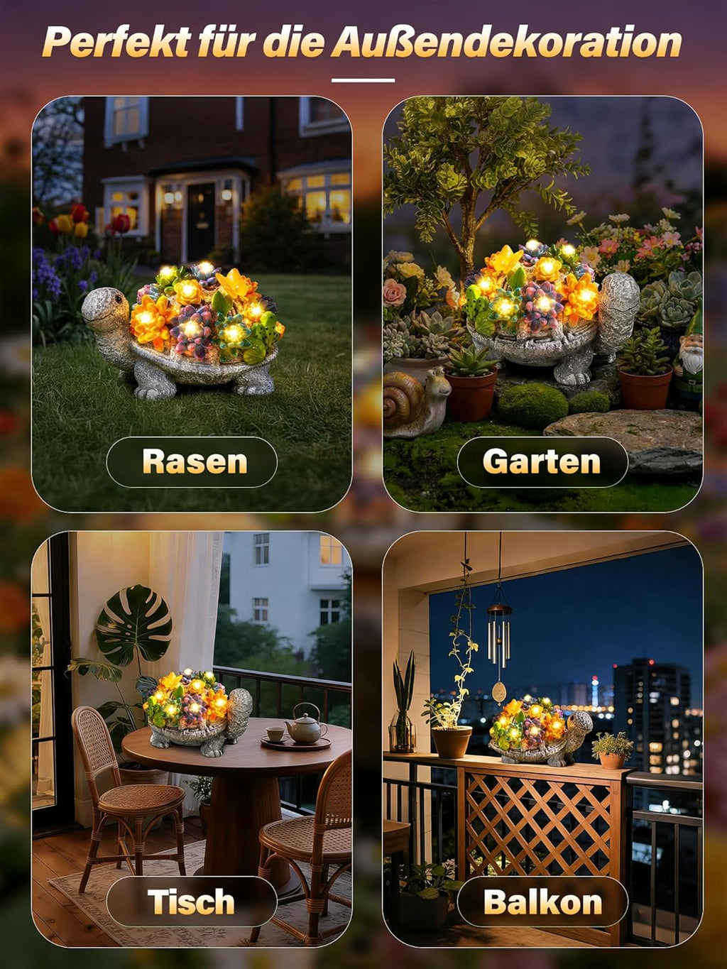 Ollny 8 LEDs Lichtern Wetterfeste Solar Gartenfigur Schildkröte für Draußen und Balkon Deko