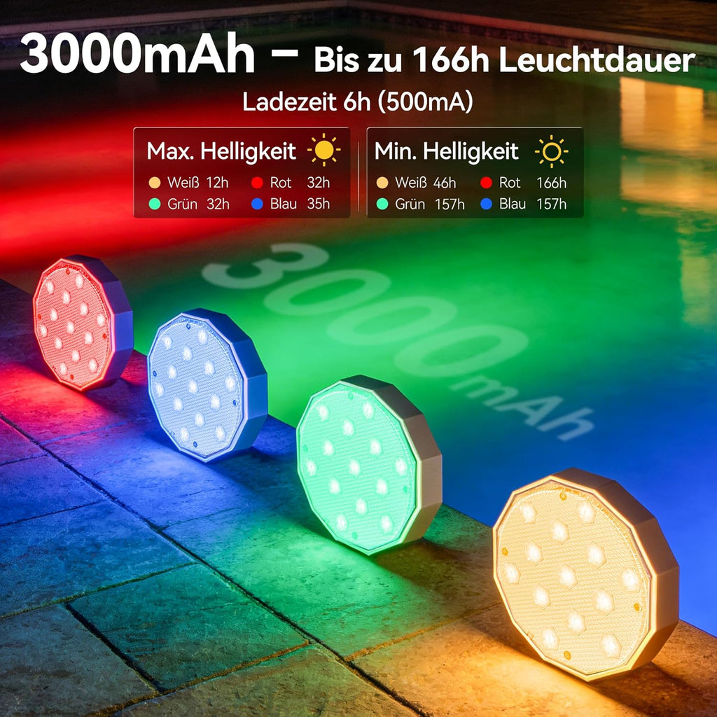 Ollny LED-Poolleuchten für Pool, Teich, Whirlpool, Springbrunnen, Aquarium (wiederaufladbar, 16 Farben, IP67 wasserdicht)