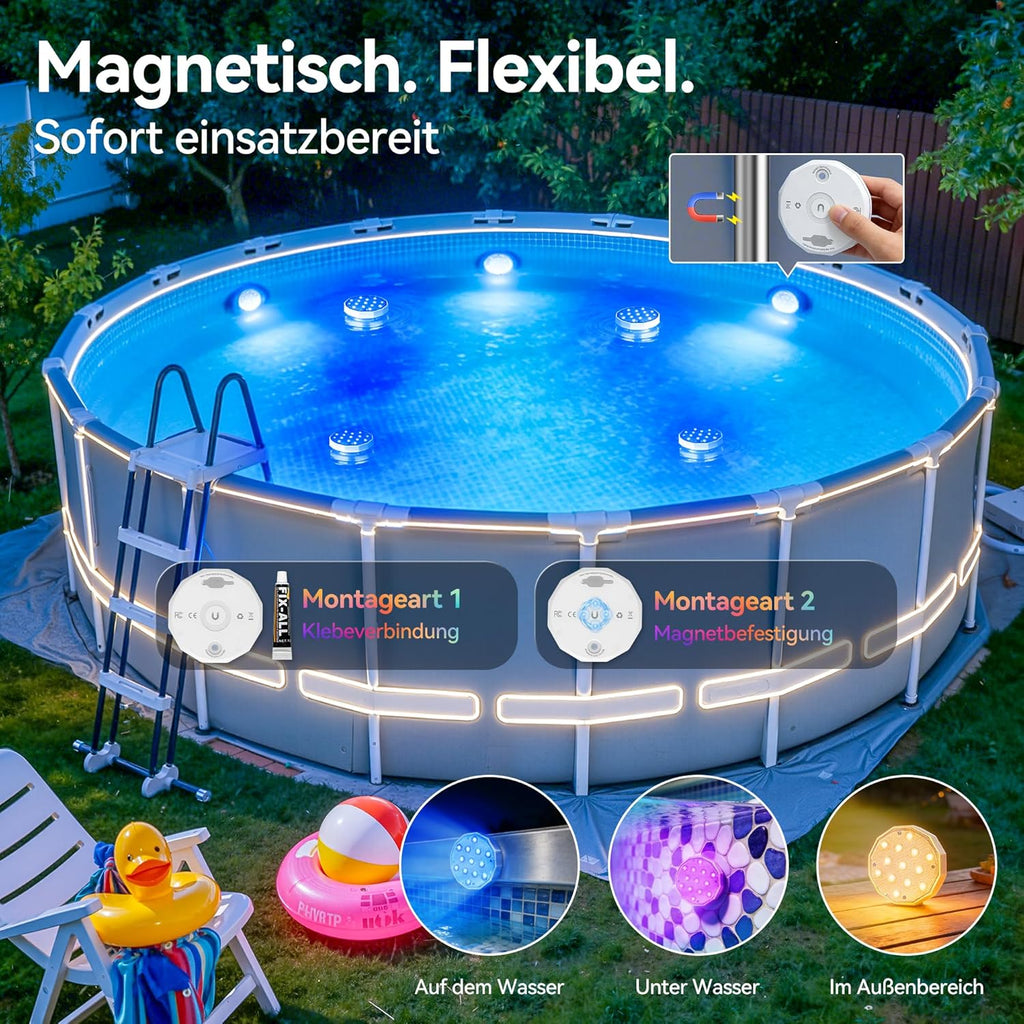 Ollny LED-Poolleuchten für Pool, Teich, Whirlpool, Springbrunnen, Aquarium (wiederaufladbar, 16 Farben, IP67 wasserdicht)