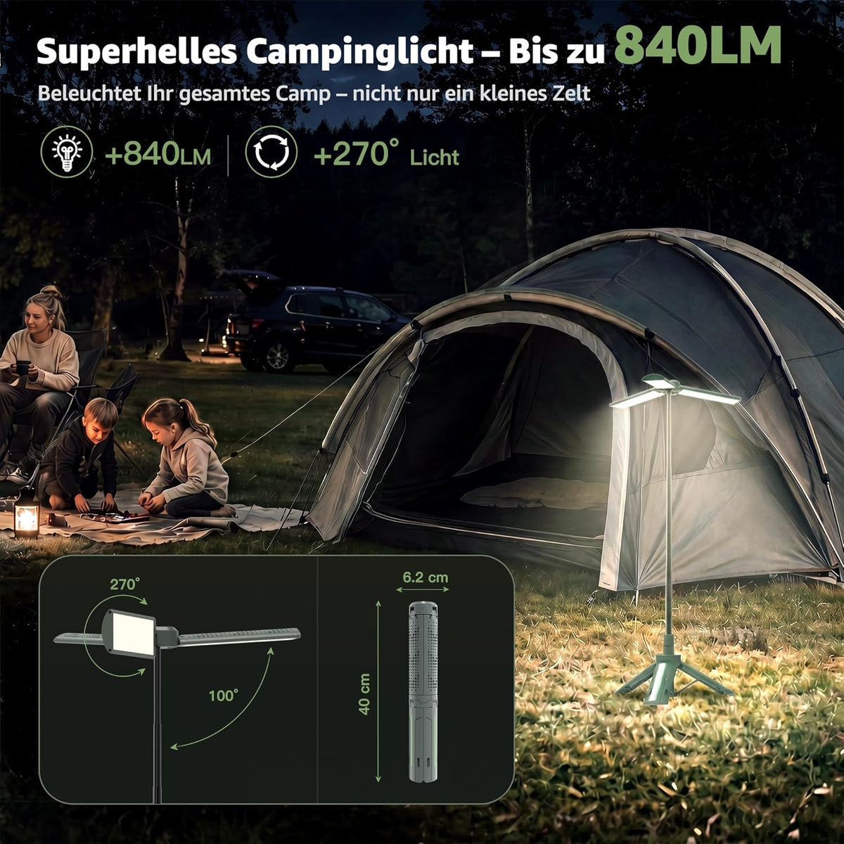 Ollny Teleskop Campinglampe Aufladbar mit Akku und Stativ (USB Powerbank, 3 Lichtfarben & Dimmbar, IP44 Wasserdichte)