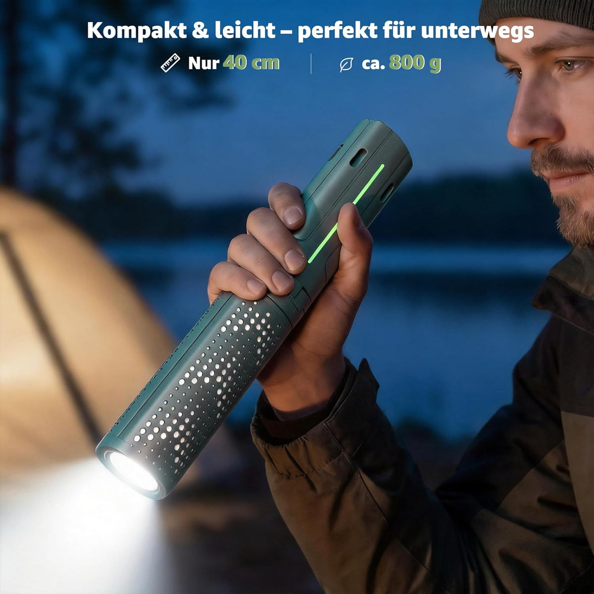 Ollny Teleskop Campinglampe Aufladbar mit Akku und Stativ (USB Powerbank, 3 Lichtfarben & Dimmbar, IP44 Wasserdichte)