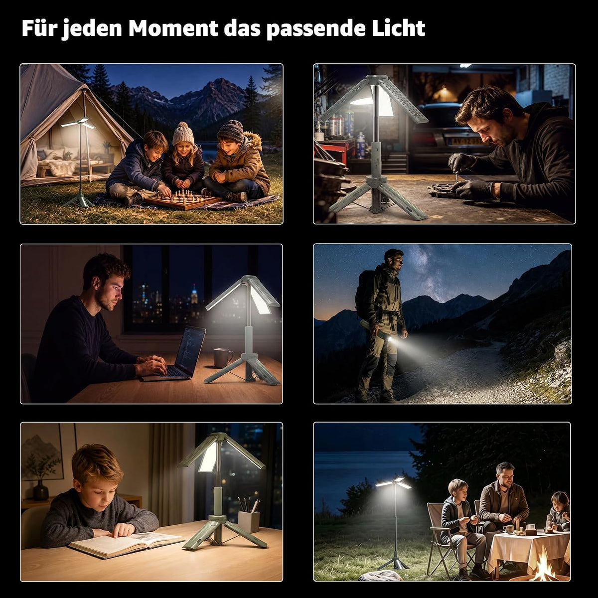 Ollny Teleskop Campinglampe Aufladbar mit Akku und Stativ (USB Powerbank, 3 Lichtfarben & Dimmbar, IP44 Wasserdichte)