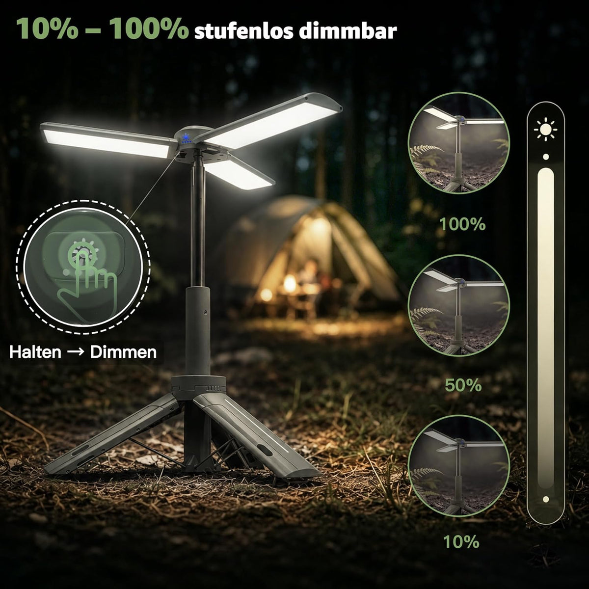 Ollny Teleskop Campinglampe Aufladbar mit Akku und Stativ (USB Powerbank, 3 Lichtfarben & Dimmbar, IP44 Wasserdichte)