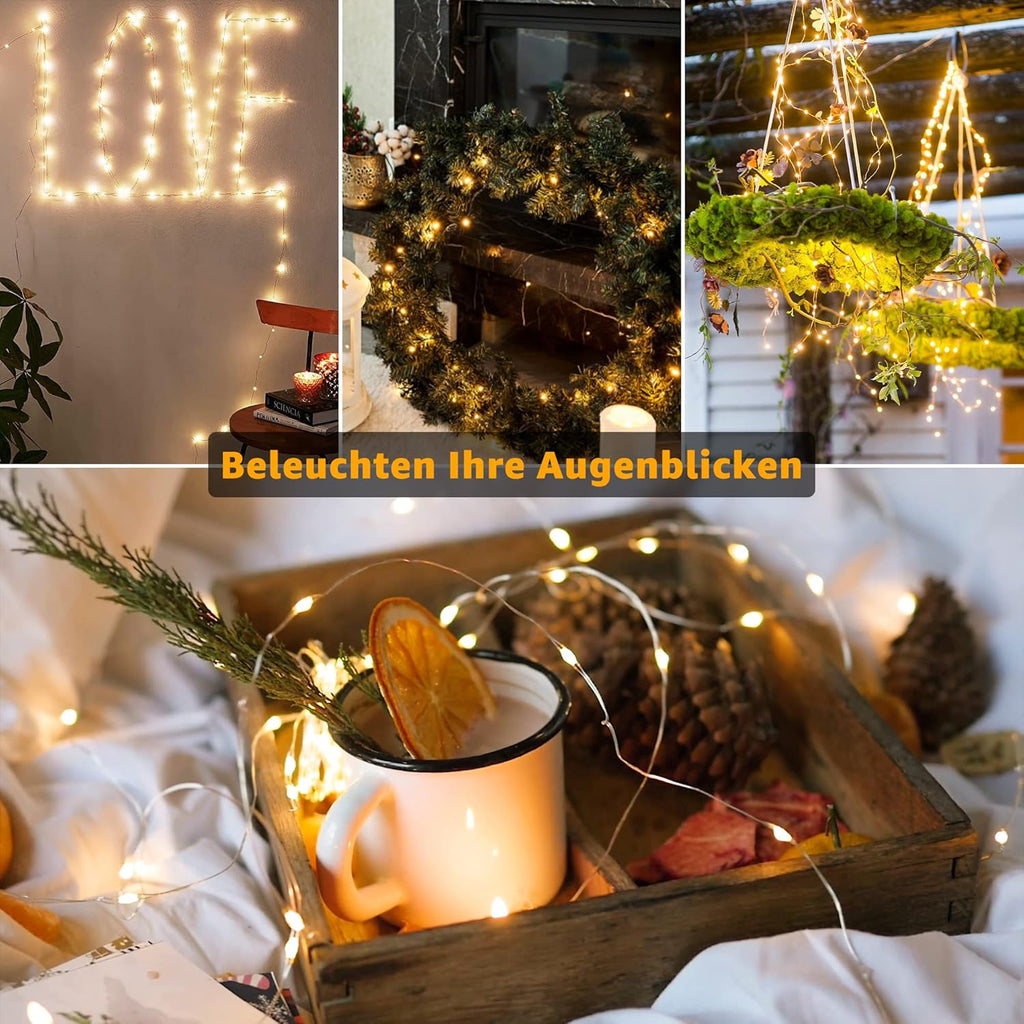 Ollny 2 stück LED Kupferdraht Lichterkette Batterie (Warmweiß, IP44 Wasserdichte)