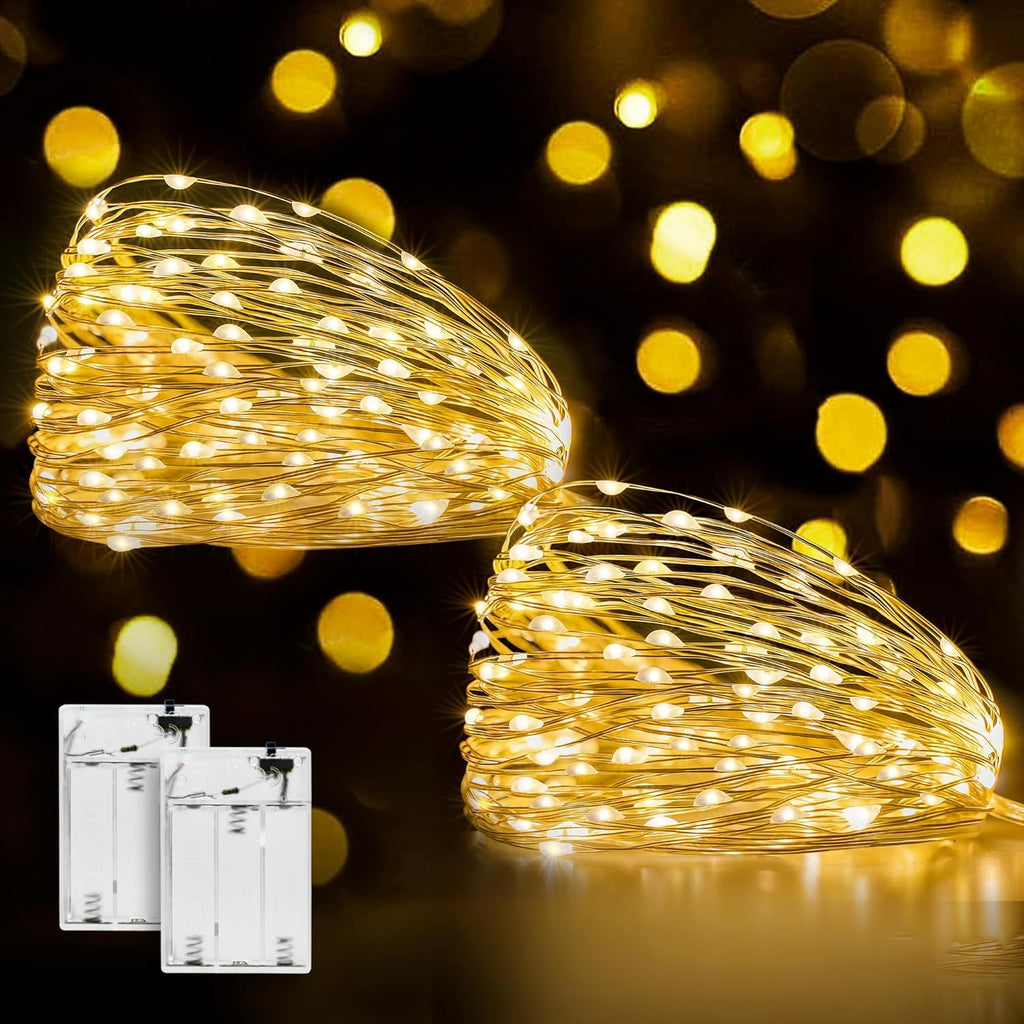 Ollny 2 stück LED Kupferdraht Lichterkette Batterie (Warmweiß, IP44 Wasserdichte)