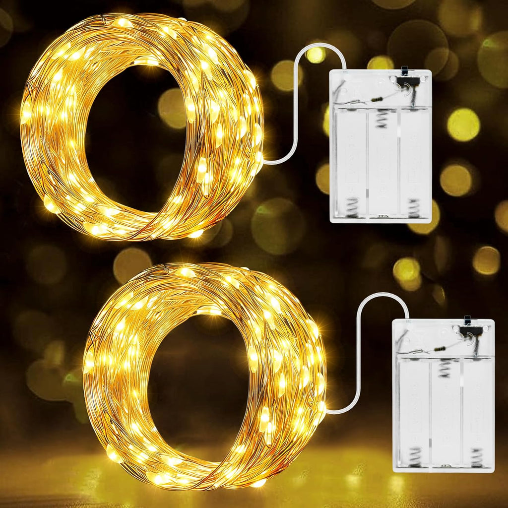 Ollny 2 stück LED Kupferdraht Lichterkette Batterie (Warmweiß, IP44 Wasserdichte)