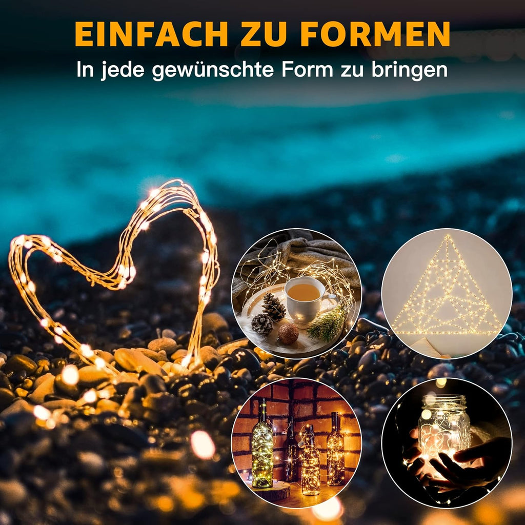 Ollny 2 stück LED Kupferdraht Lichterkette Batterie (Warmweiß, IP44 Wasserdichte)