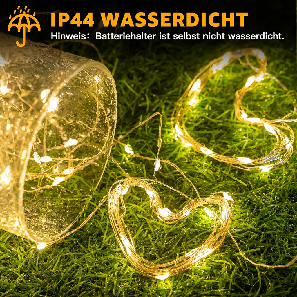 Ollny 2 stück LED Kupferdraht Lichterkette Batterie (Warmweiß, IP44 Wasserdichte)