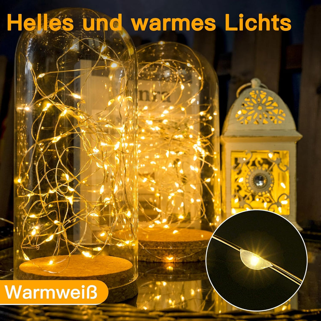 Ollny 2 stück LED Kupferdraht Lichterkette Batterie (Warmweiß, IP44 Wasserdichte)