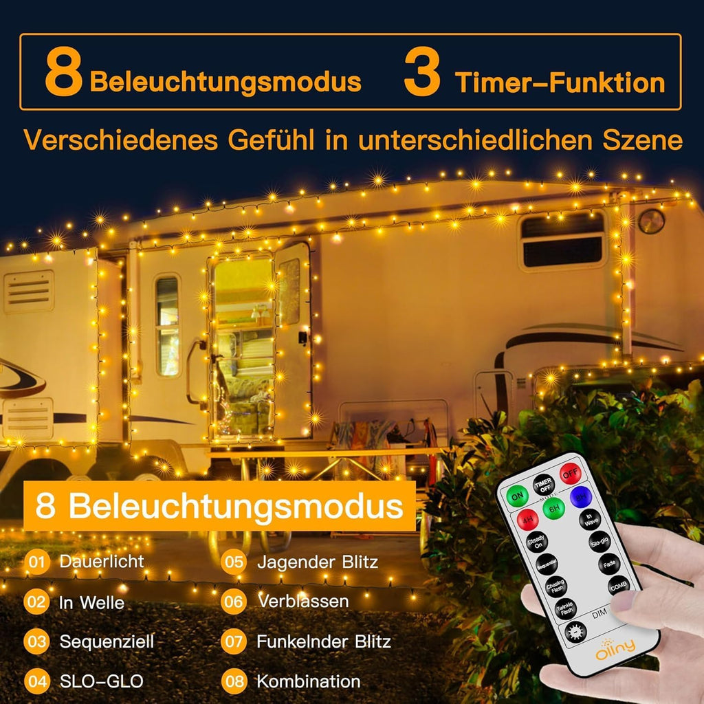 Ollny 600 LEDs 60m Lichterkette außen für Garten Balkon Hochzeit Party (Warmweiß, 8 Modi, IP44 wasserdicht)