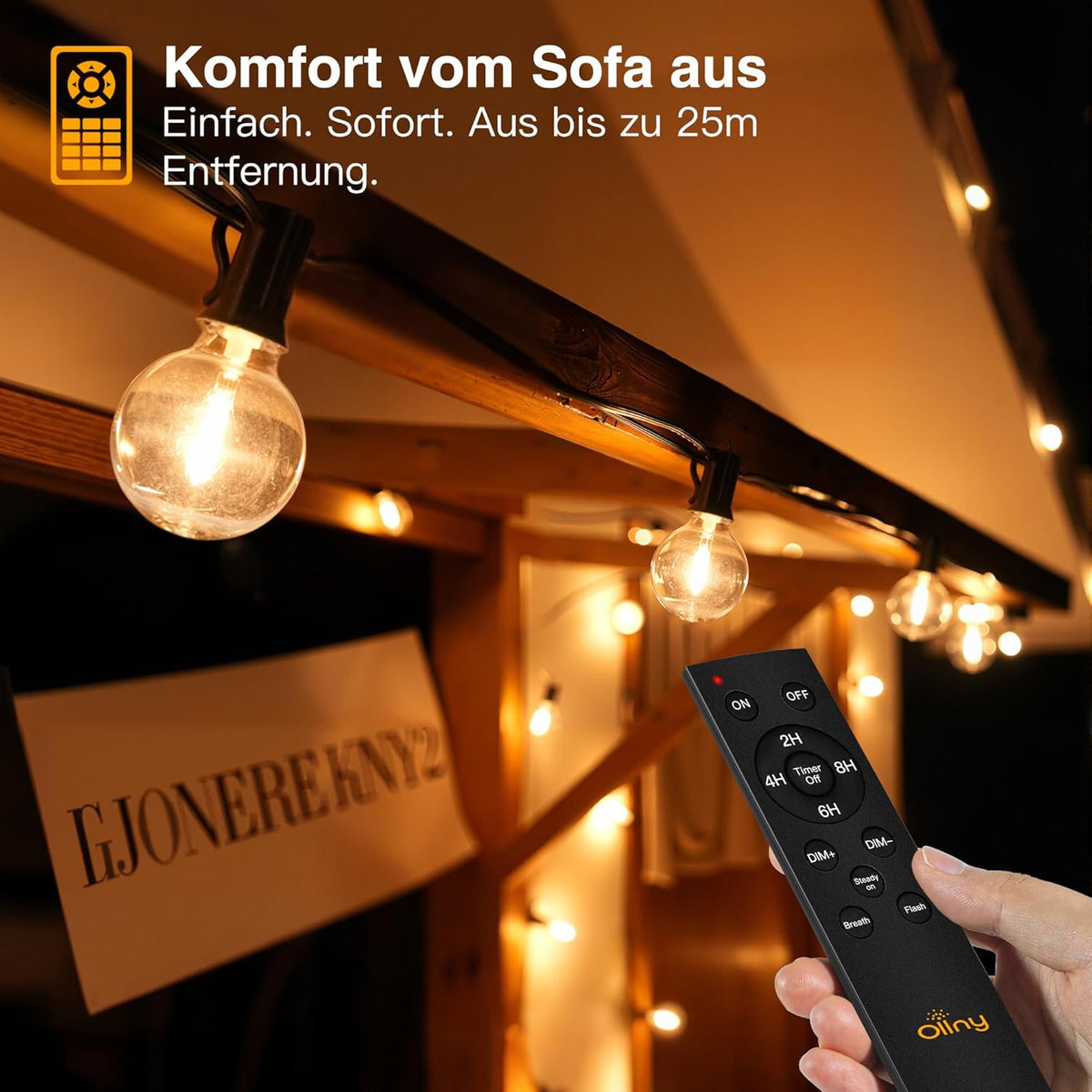 Catena luminosa a LED Ollny G40 per esterni, per giardino, balcone, feste e terrazza (bianco caldo, 3 modalità, 4 timer, impermeabile IP45)