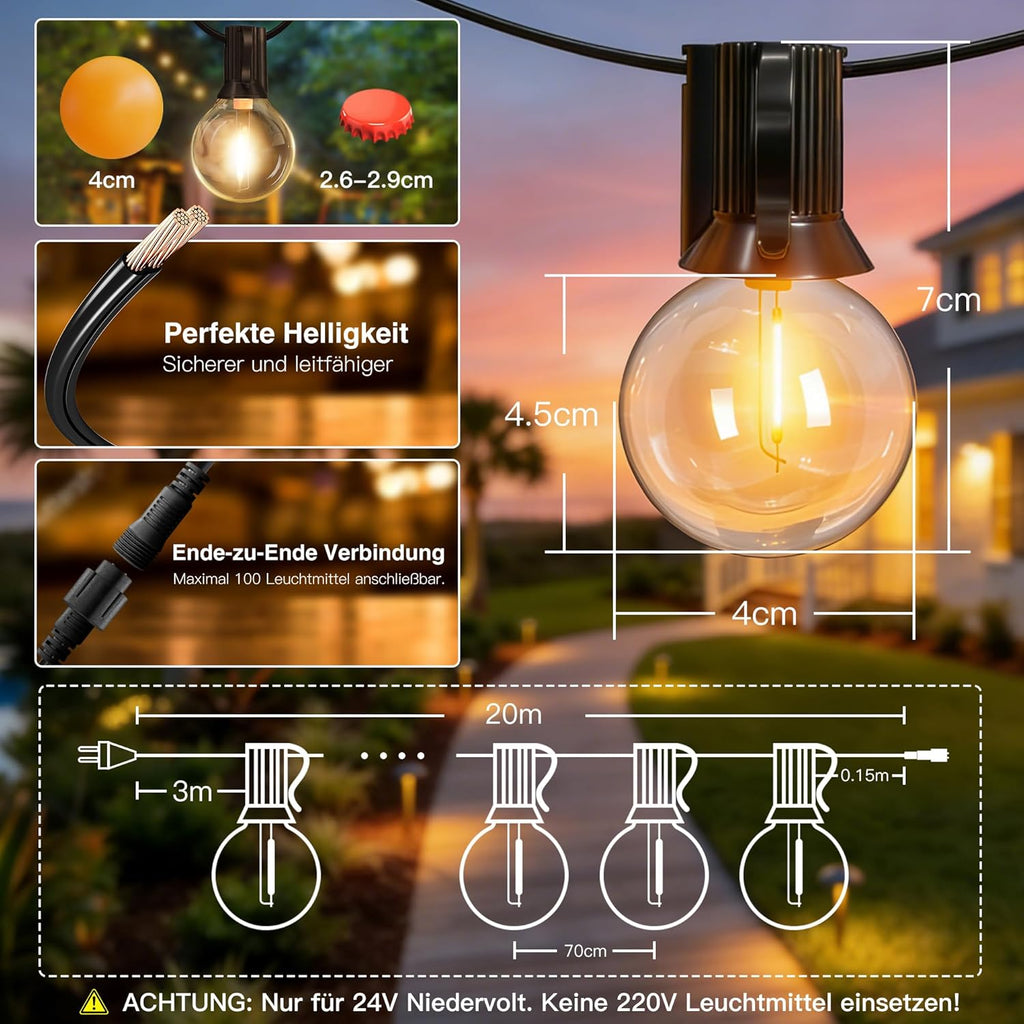 Catena luminosa a LED Ollny G40 per esterni, per giardino, balcone, feste e terrazza (bianco caldo, 3 modalità, 4 timer, impermeabile IP45)