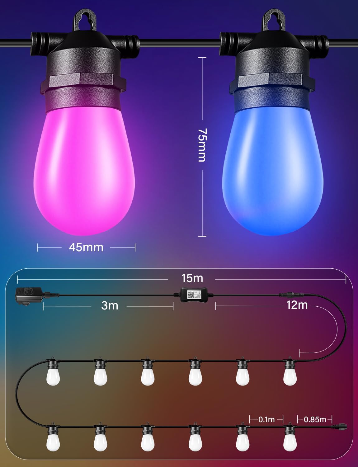 Catena luminosa a LED RGBW Ollny S14 per esterni, per giardino, feste e terrazze (estensibile, controllo tramite app, impermeabile IP65)
