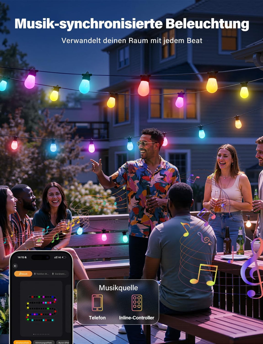 Catena luminosa a LED RGBW Ollny S14 per esterni, per giardino, feste e terrazze (estensibile, controllo tramite app, impermeabile IP65)