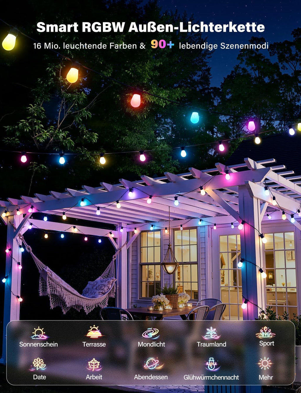 Catena luminosa a LED RGBW Ollny S14 per esterni, per giardino, feste e terrazze (estensibile, controllo tramite app, impermeabile IP65)