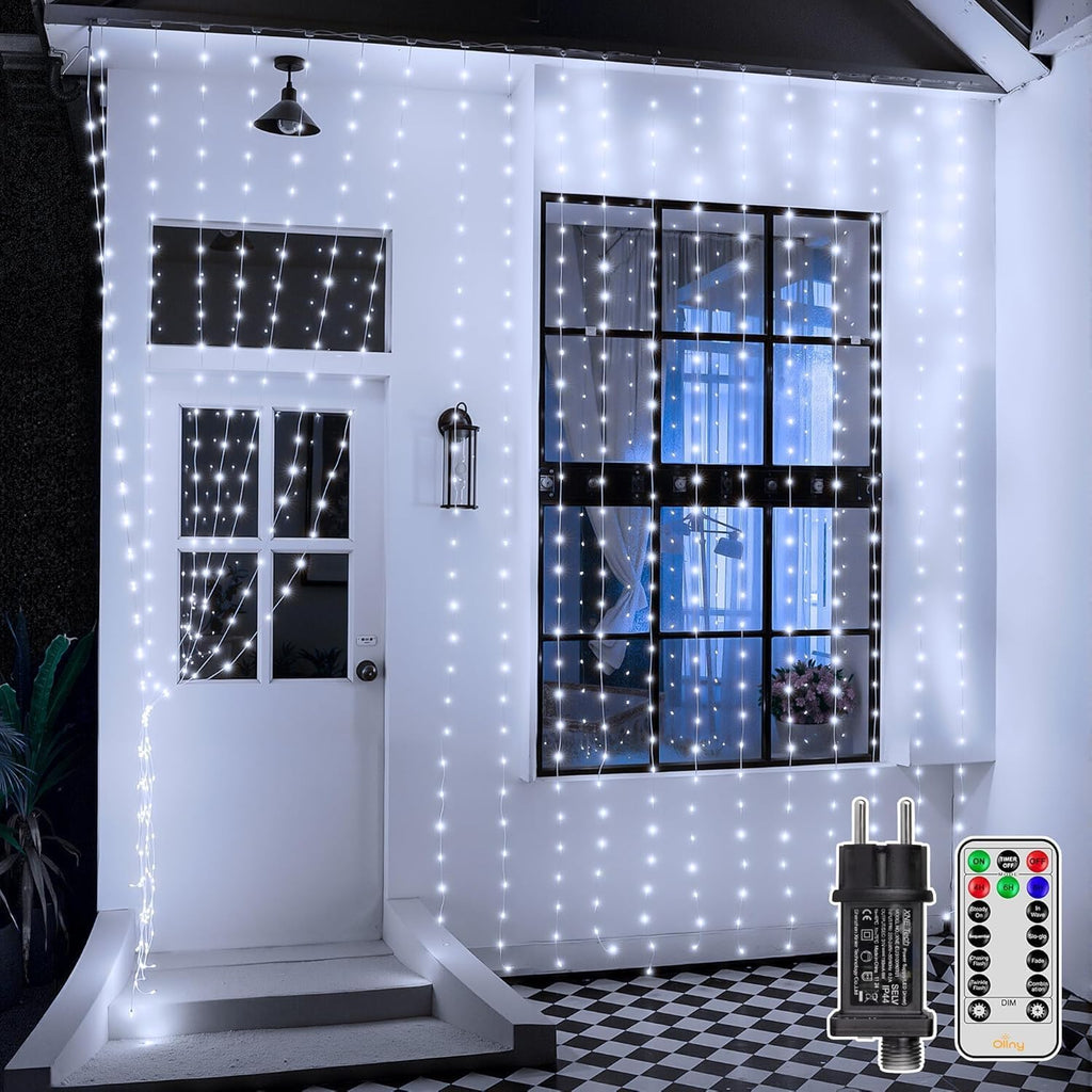 Ollny 300 LEDs 3m*3m Vorhangleuchten für den Außenbereich (anschließbar, IP67 wasserdicht, Kaltweiß, 8 Modi)