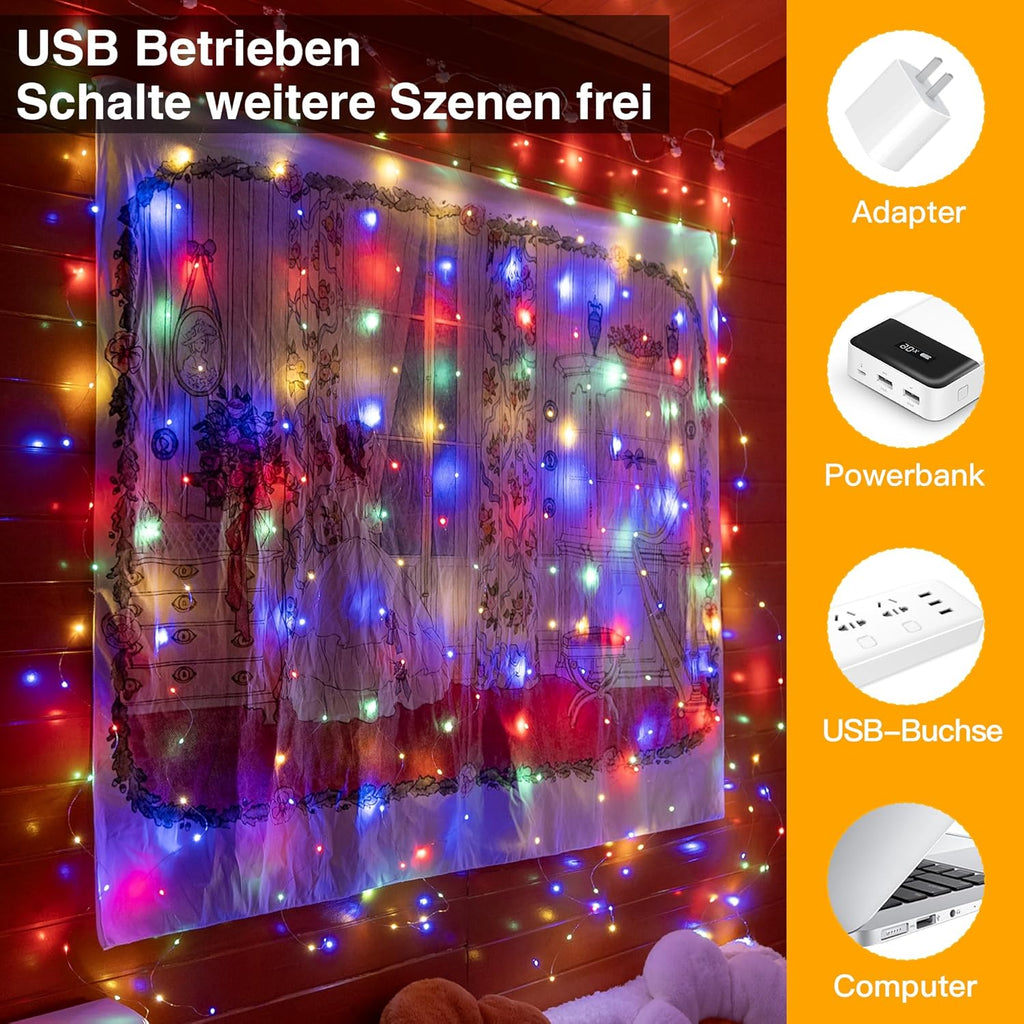 Ollny 200 LEDs 2m*2m USB Kupferdraht Vorhang Lichterkette mit Haken (bunt, IP44 wasserdicht)