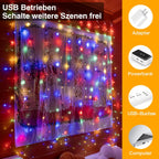 Ollny 200 LEDs 2m*2m USB Kupferdraht Vorhang Lichterkette mit Haken (bunt, IP44 wasserdicht)