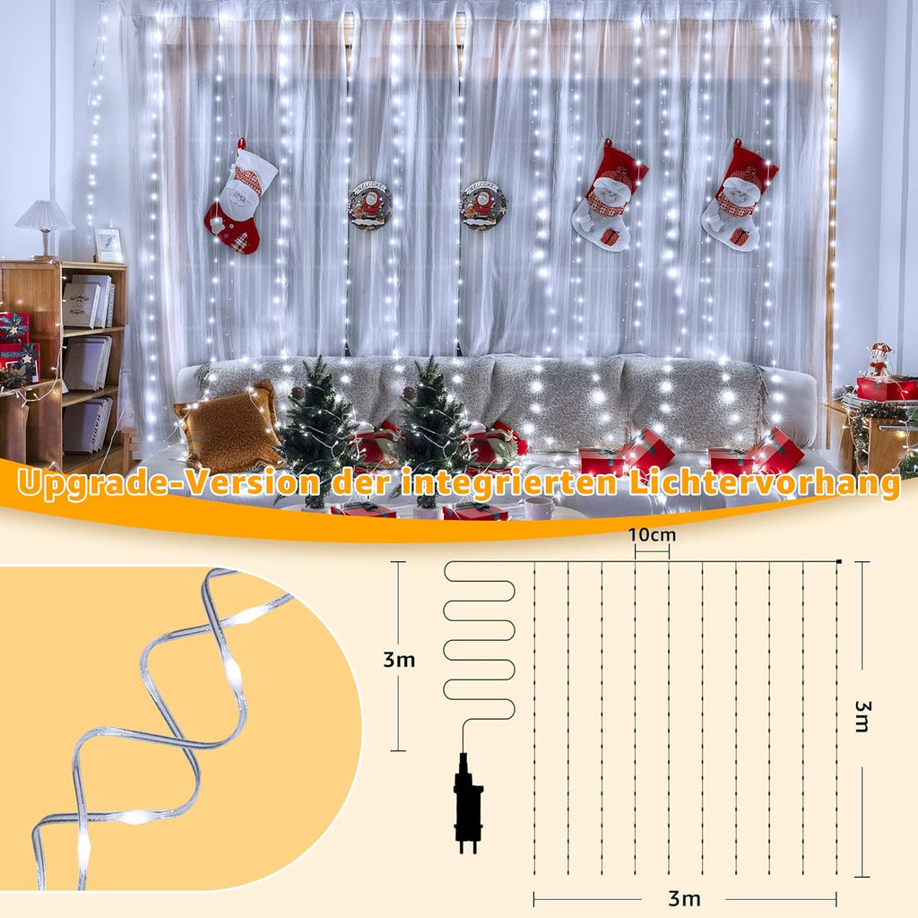 Ollny 300 LEDs 3m*3m Vorhangleuchten für den Außenbereich (anschließbar, IP67 wasserdicht, Kaltweiß, 8 Modi)