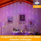 Ollny 200 LEDs 2m*2m USB Kupferdraht Vorhang Lichterkette mit Haken (bunt, IP44 wasserdicht)