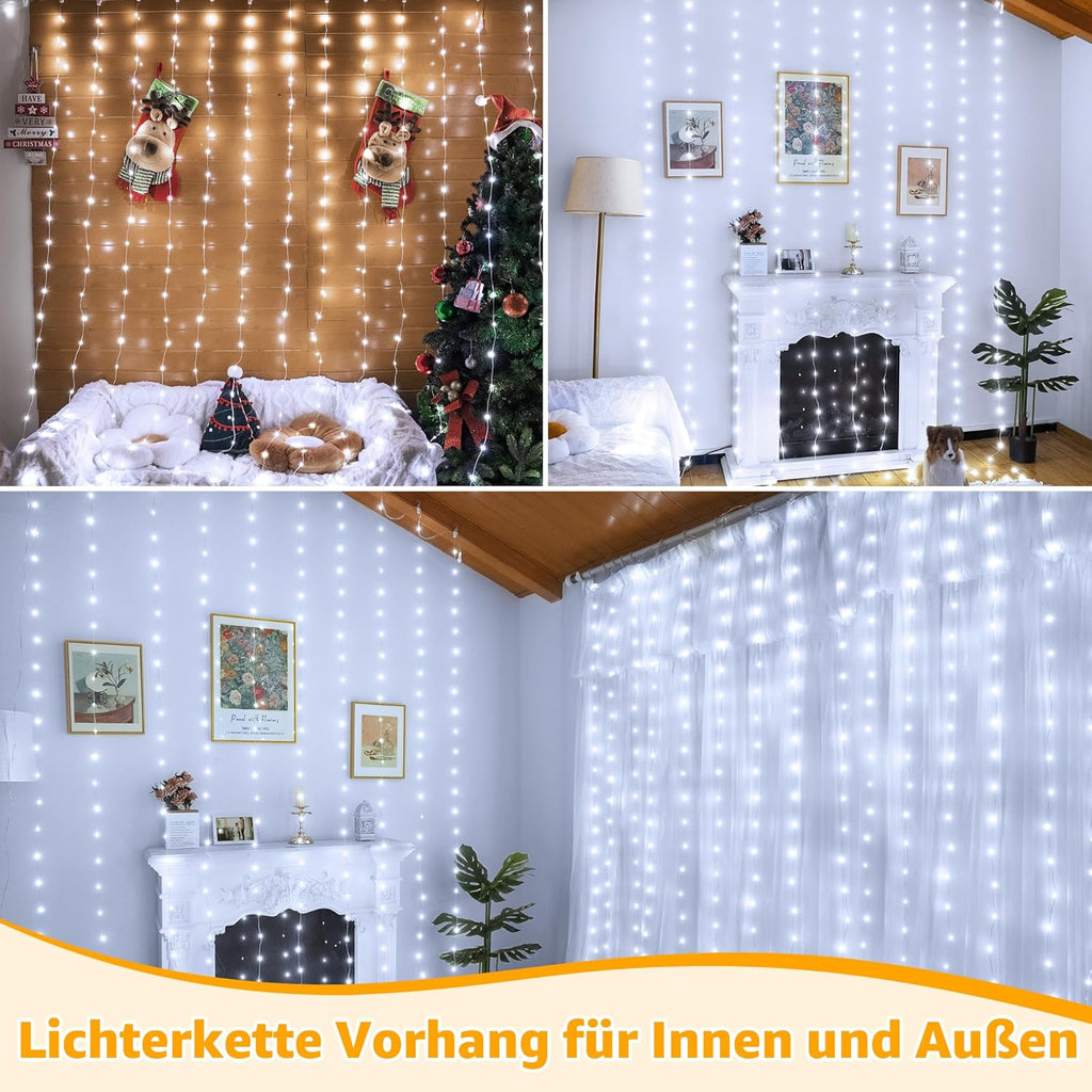 Ollny 300 LEDs 3m*3m Vorhangleuchten für den Außenbereich (anschließbar, IP67 wasserdicht, Kaltweiß, 8 Modi)